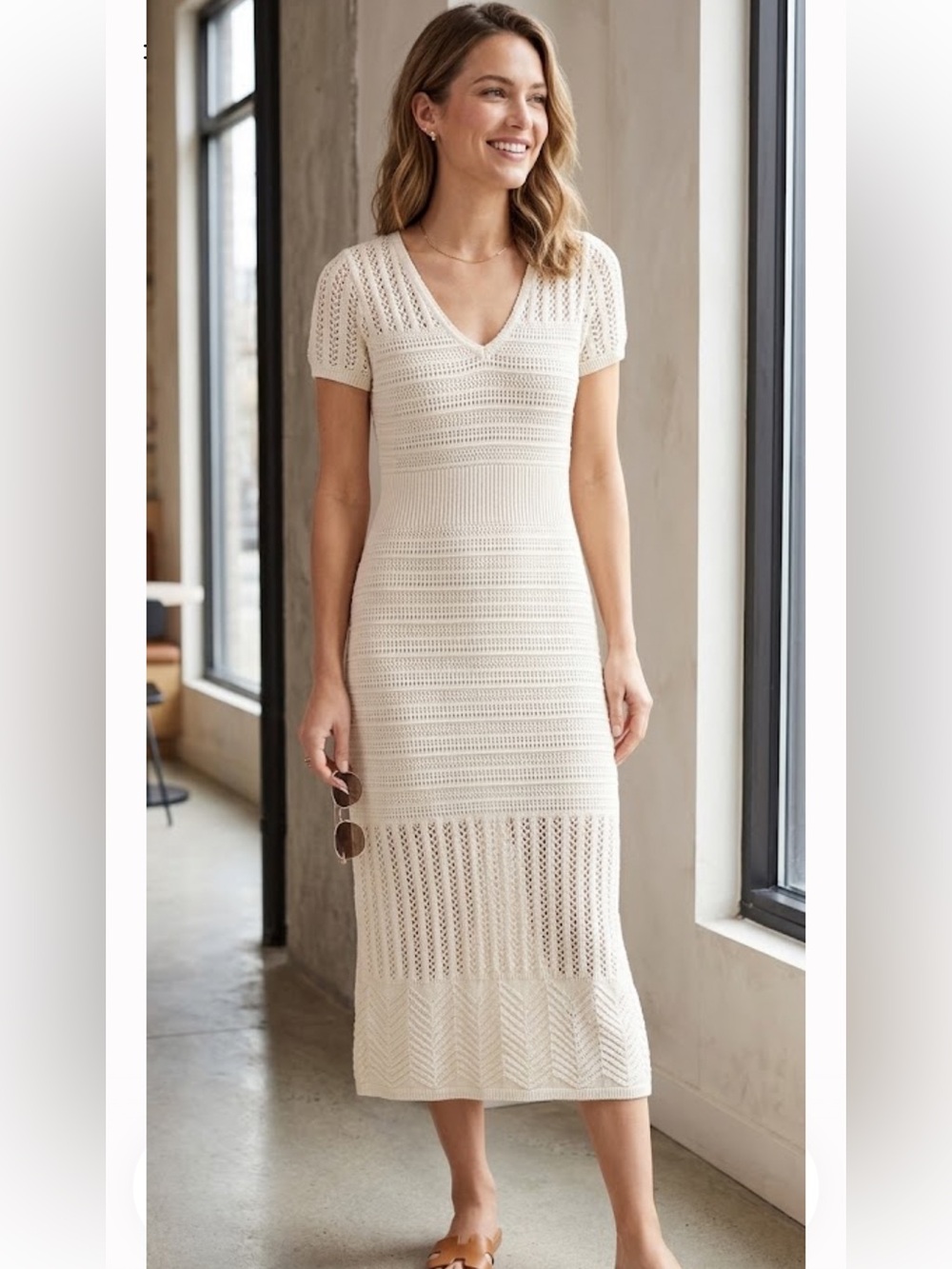LOFT Cream Knit V-Neck Short Sleeve Midi Dress